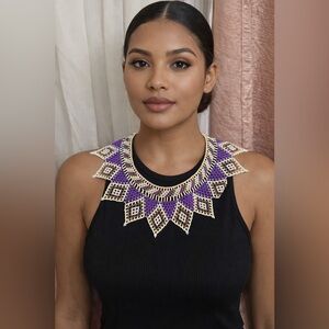 Hand Made Huichol-style beaded collar necklace in purple, white, and gold